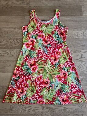 MANDEE Red Tropical Print Tank Dress with Green Leaves XL